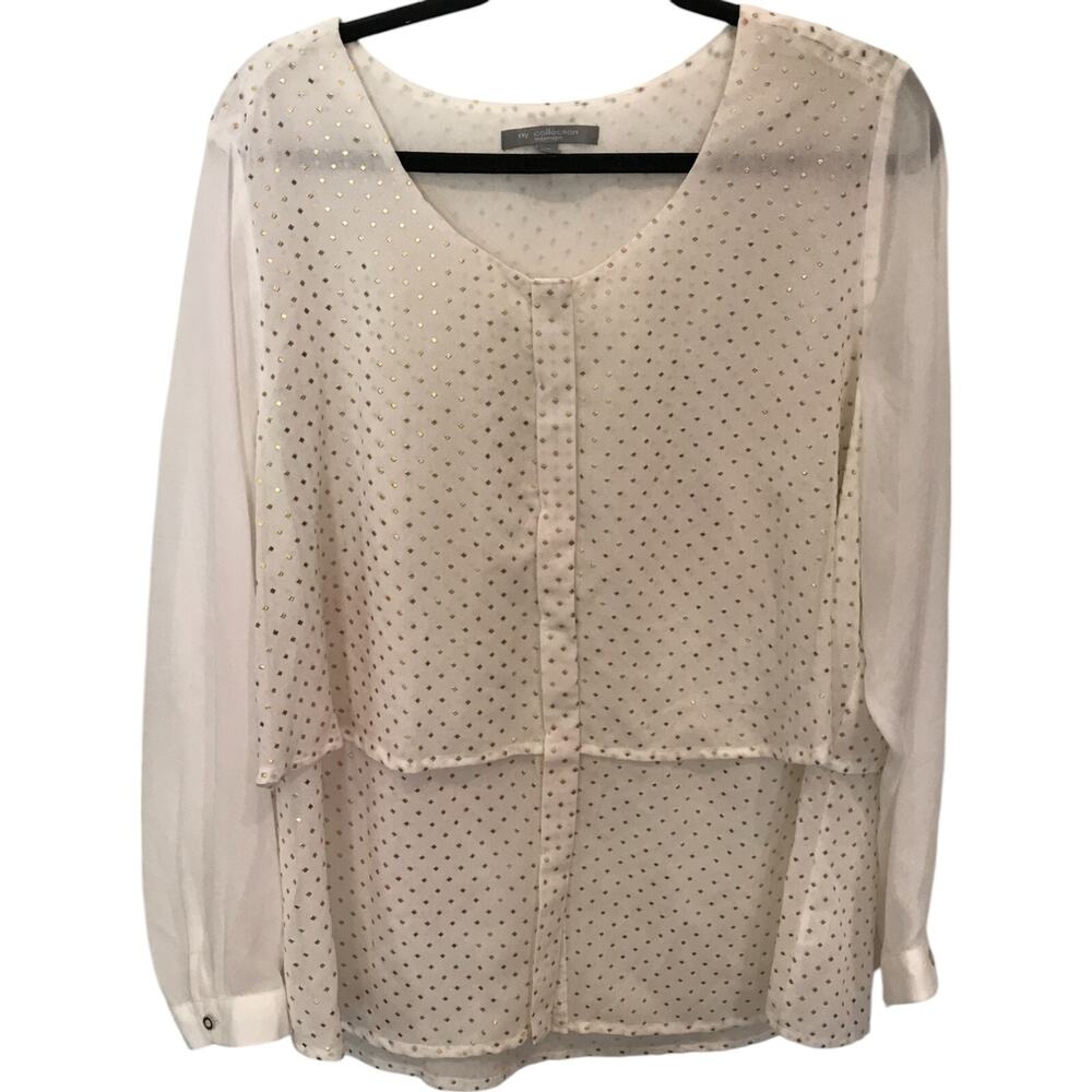 NY Collection Blouse Womens Sz 1X Sheer White Long Sleeve Gold Stud Details NEW